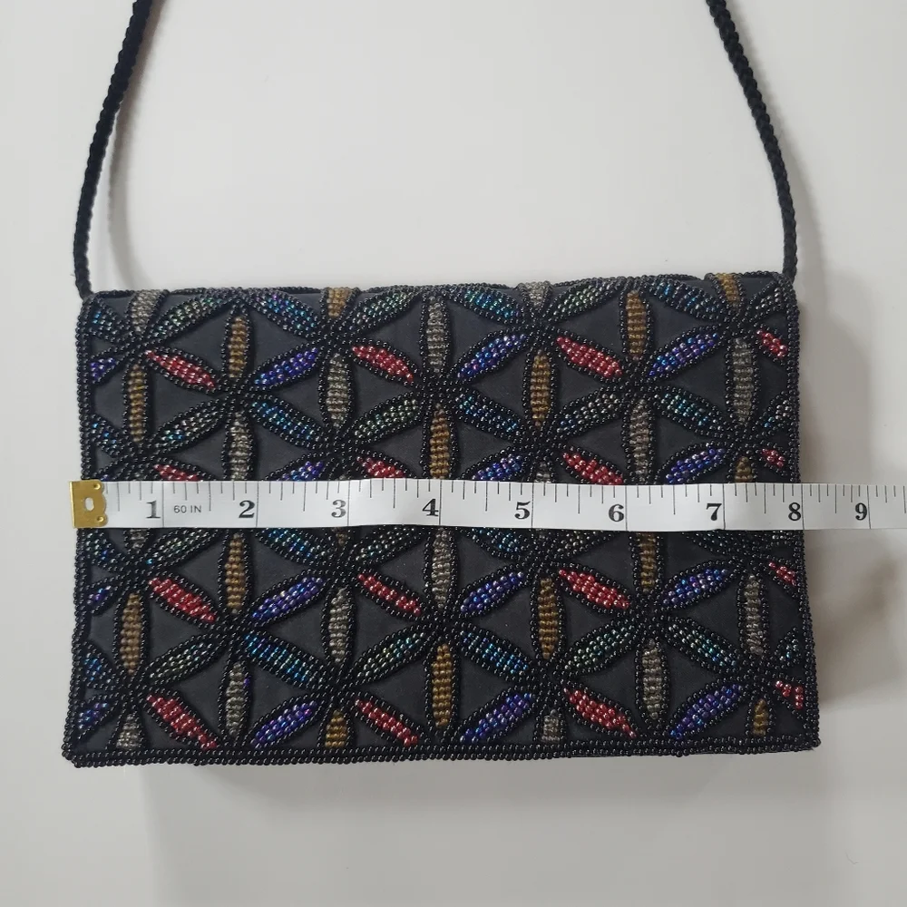Beaded Geometric Pattern Dressy Purse Evening Bag Black and Jewel Tones. - Picture 9 of 10